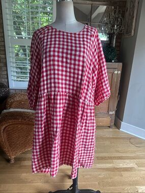 LINENFOX RED AND WHITE PLAID LINEN DRESS LARGE - XL POCKETS  COTTAGECORE